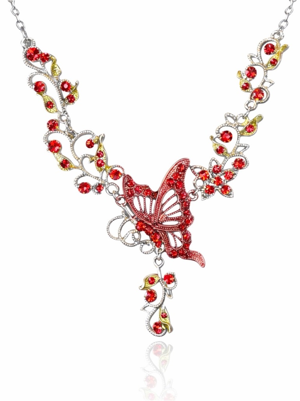 Red Crystal Butterfly Necklace Earring Set